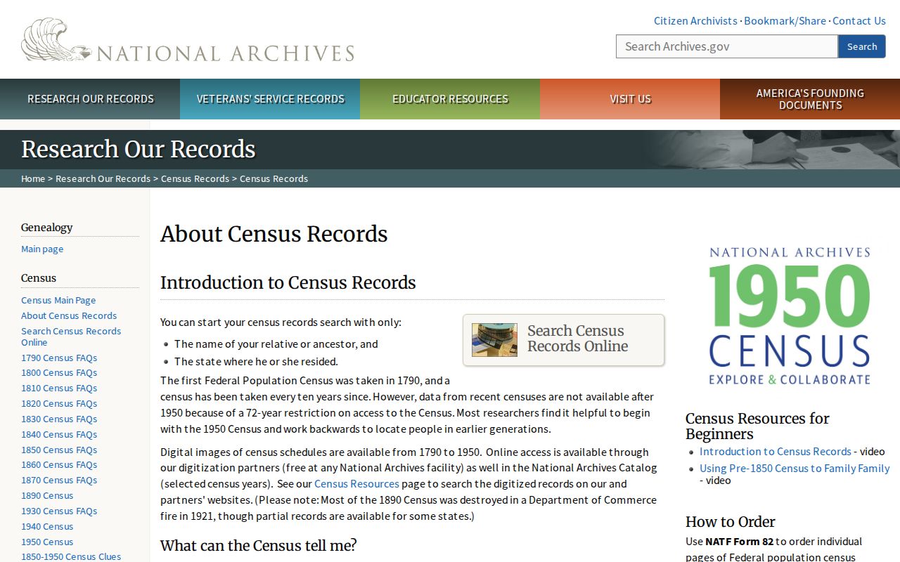 National Archives census research page used to trace Ashland previous residents