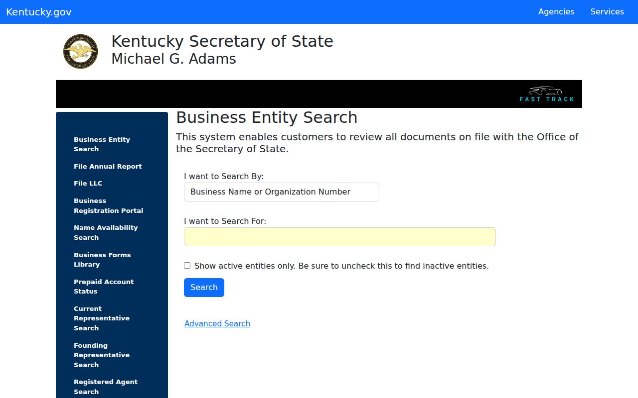 Kentucky business entity search used for an Ashland name check