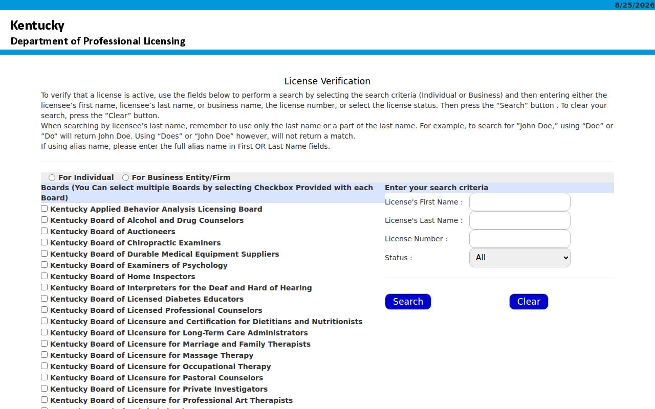 Kentucky professional license verification search for Ashland records