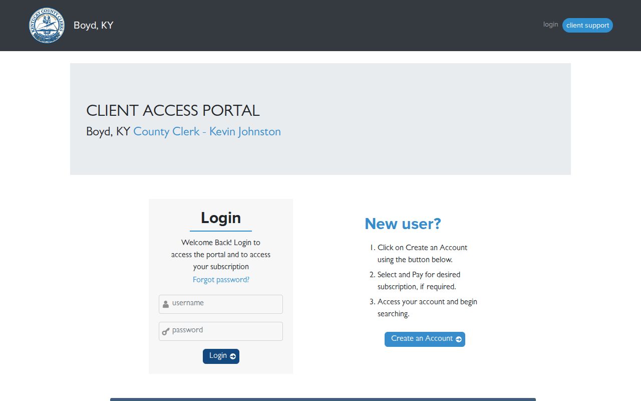 Boyd County land record portal access screen for Ashland deed searches